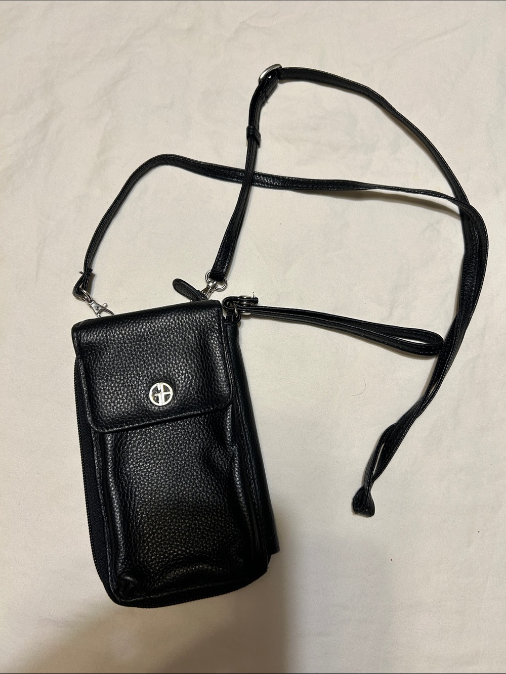 Gianni Bini Black Pebbled Leather Crossbody Phone Pouch with Silver Logo Accent